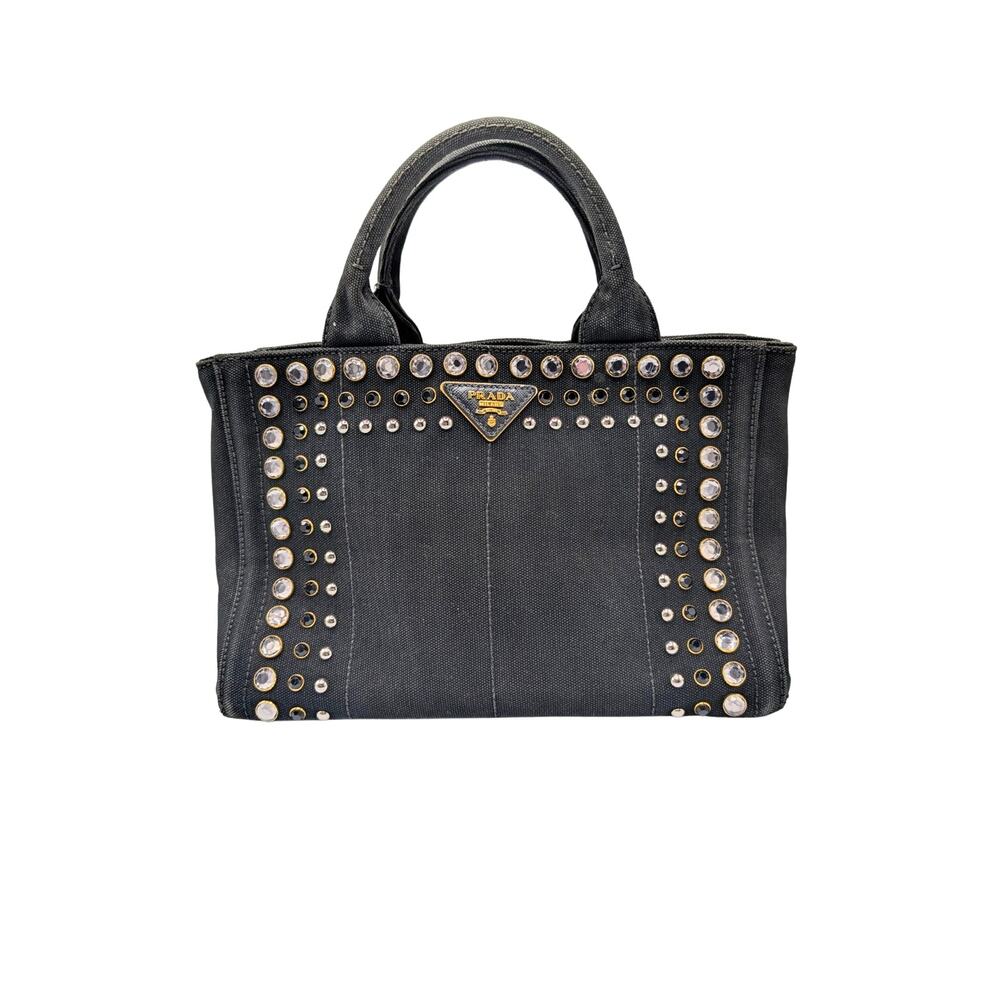 Prada Black Denim Canapa Crystal Studded Embellished Tote